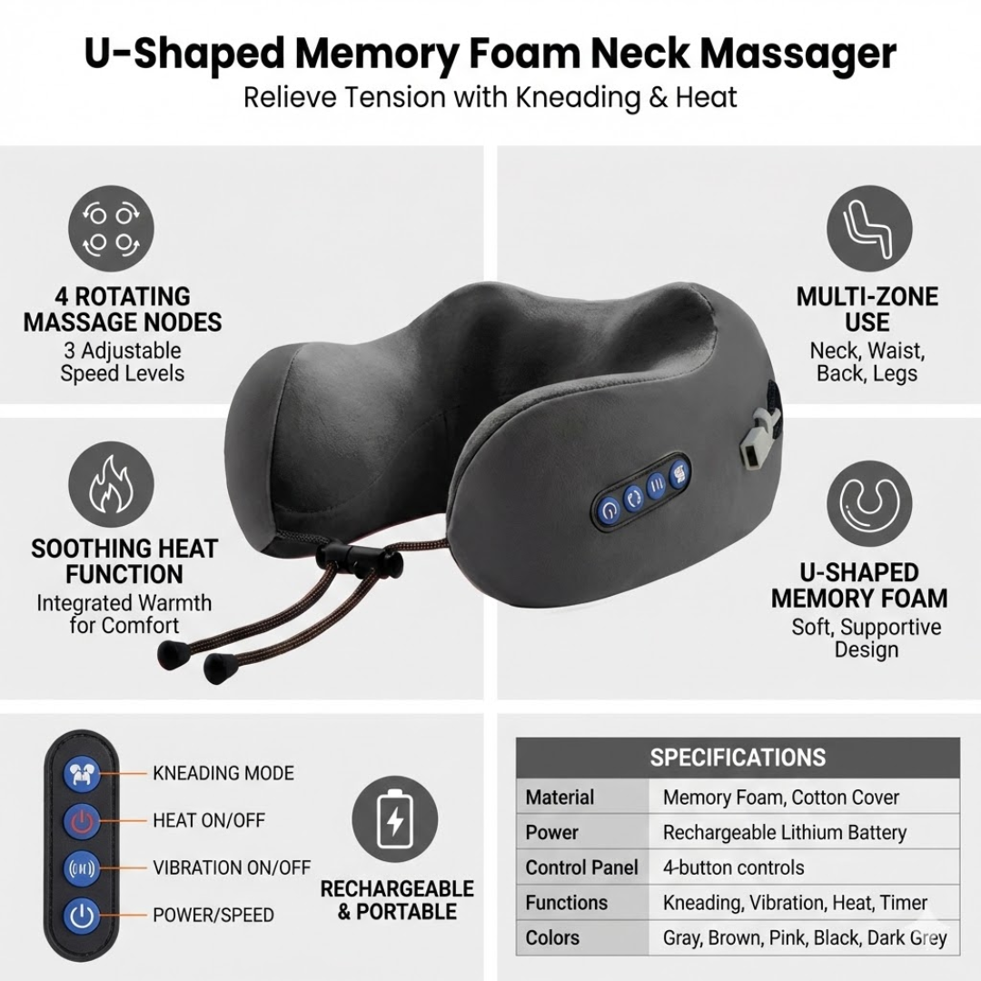 Portable Electric Neck & Shoulder Massager with Heat – 4-Node Kneading, Rechargeable
