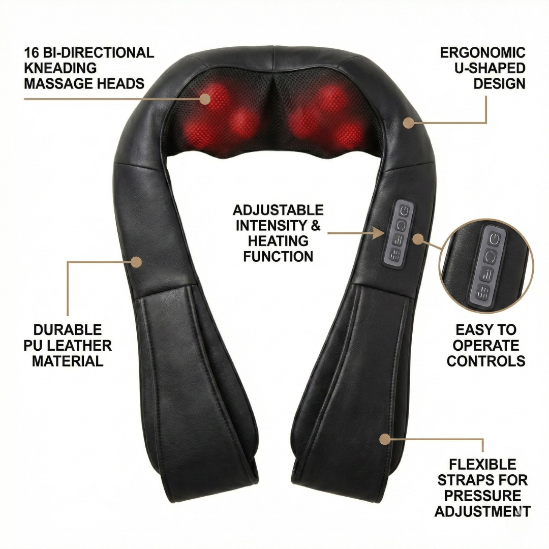 QX-214 Heated Shiatsu Neck & Back Massager with 16 Nodes – Deep Kneading Shoulder & Lumbar Massage Pillow